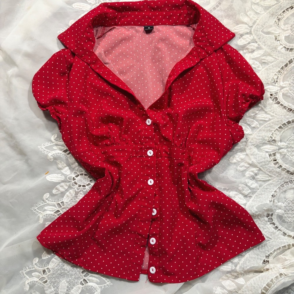Y2K Style Red Polka Dot Short Sleeve Button Up Peplum Blouse Collar Size M